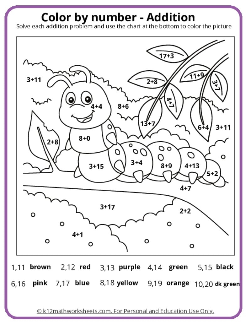 Math Coloring Pages Printable PDFs By K12mathworksheets Addition Color By Number Worksheets Nature Inspired Learning