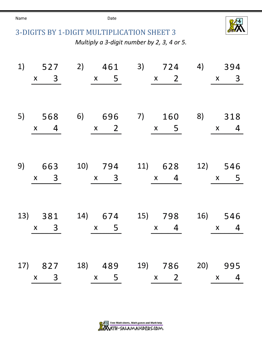 35 Printable Three Digit Multiplication Worksheets Numbers 110 120 And 210 220 2nd 4th Grade Math Etsy