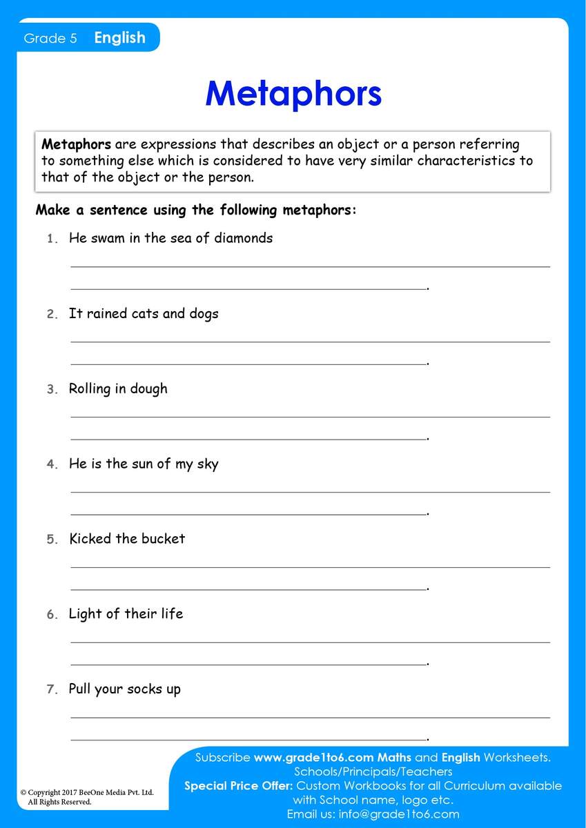 Metaphors Worksheets Grade1to6 Metaphors Worksheets Grade1to6