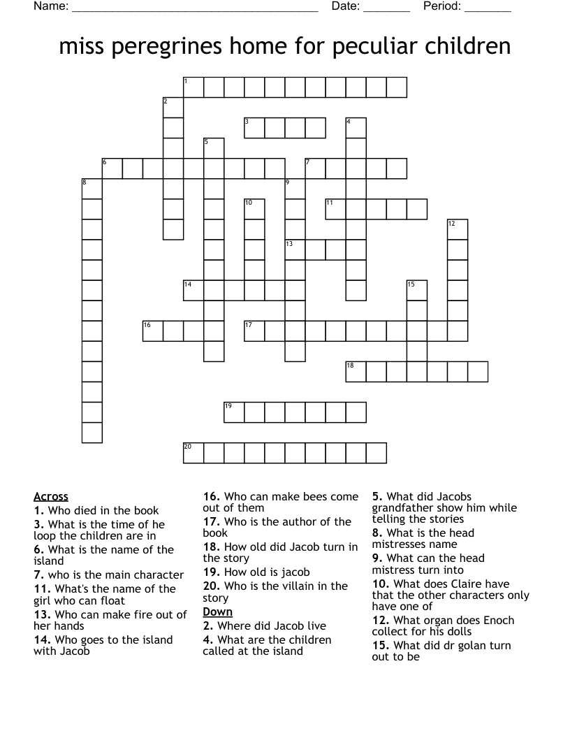 Miss Peregrine S Home For Peculiar Children Crossword WordMint Miss Peregrine S Home For Peculiar Children Novel Study Classful