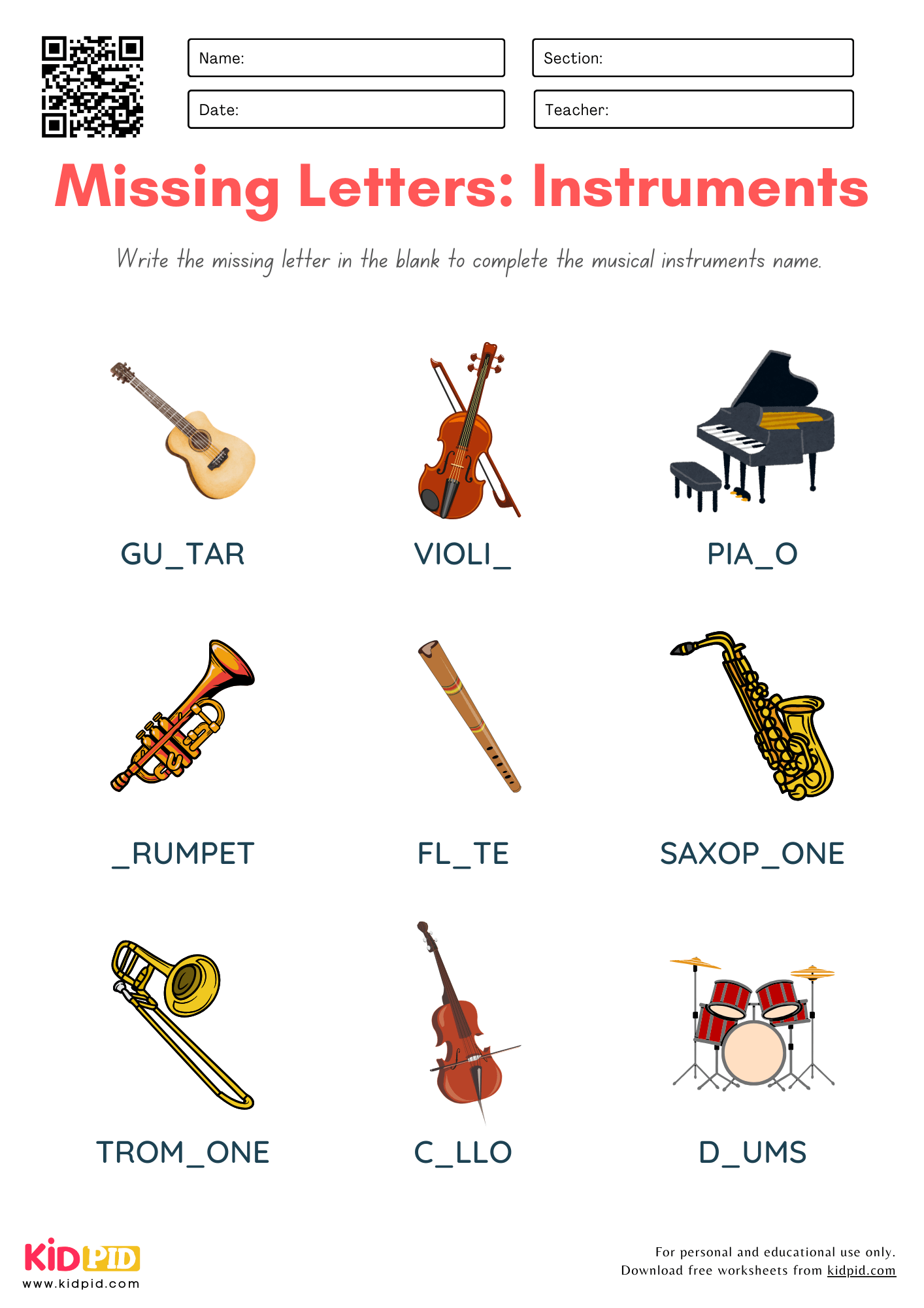 Missing Letters Of Musical Instruments Worksheet For Grade 2 Kidpid Missing Letters Of Musical Instruments Worksheet For Grade 2 Kidpid