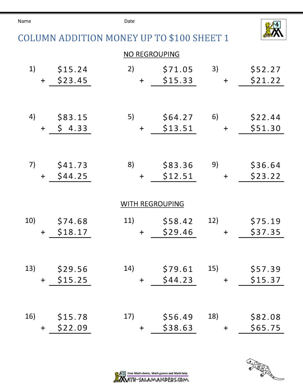 Money Addition Worksheet Collection 4th Grade Money Addition Worksheet Collection 4th Grade