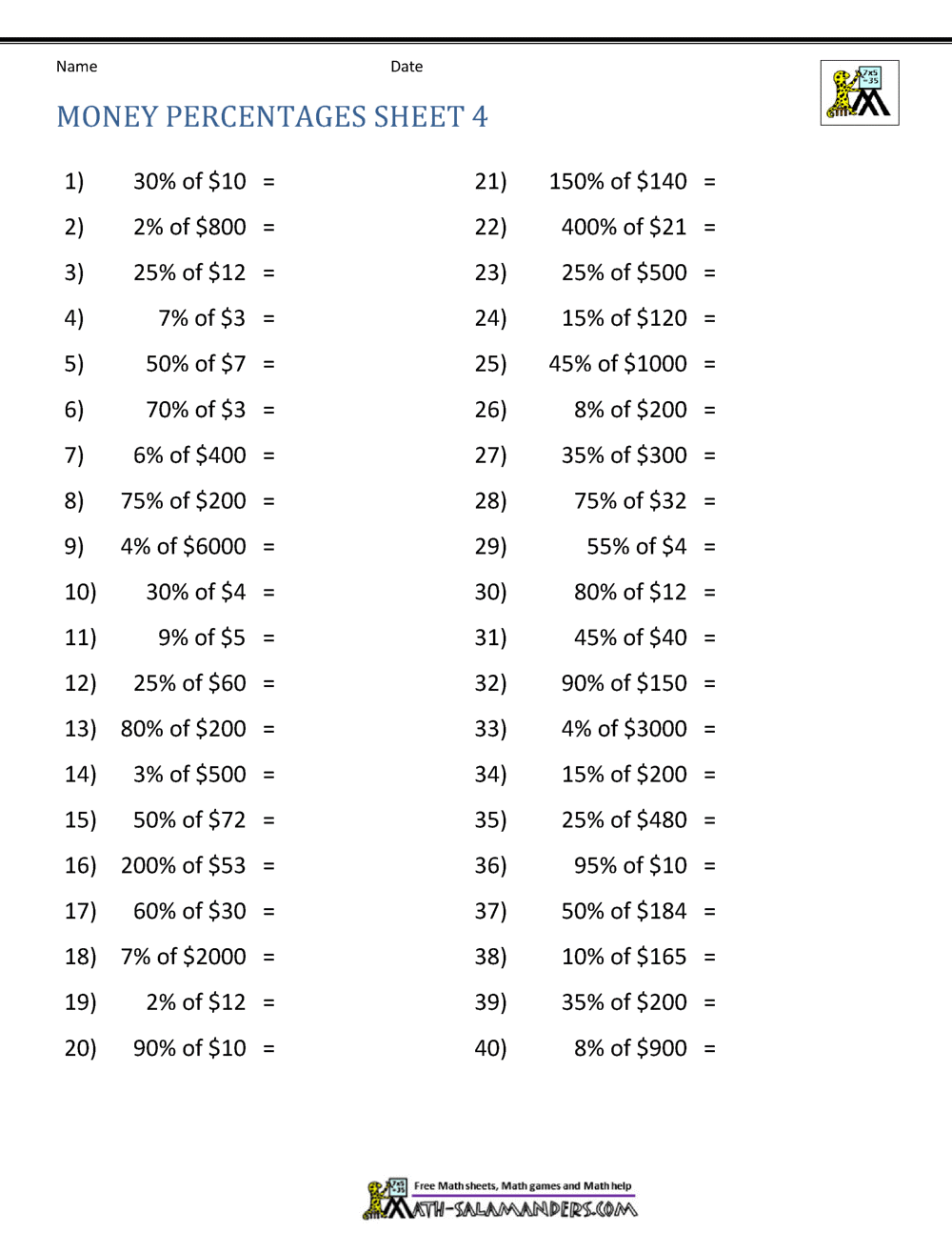 Money Percentage Worksheets