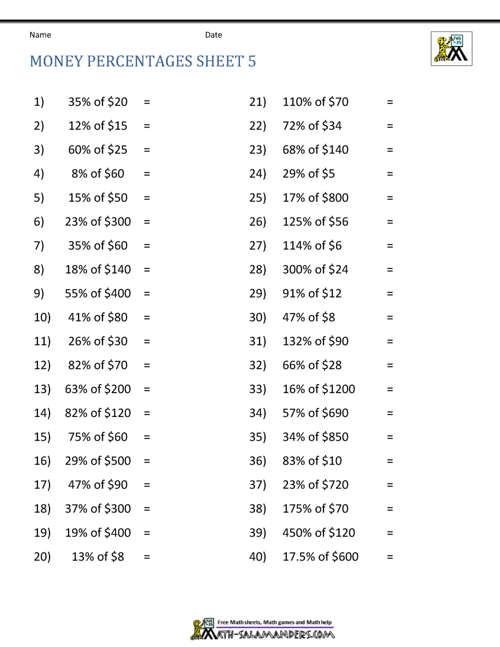 Money Percentage Worksheets