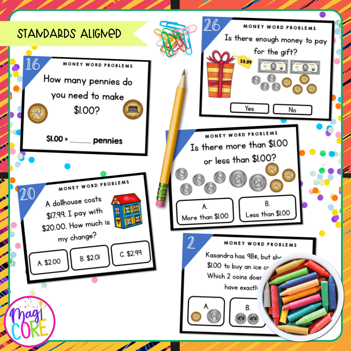 Money Word Problems 2nd Grade Math Task Cards 2 MD C 8 MagiCore
