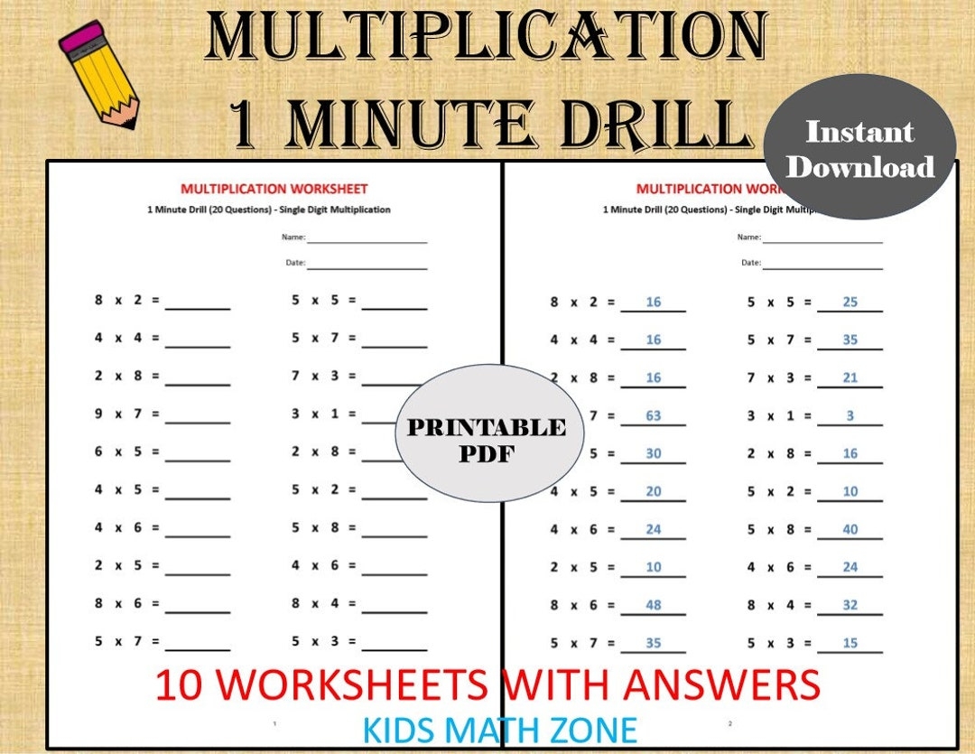 Multiplication 1 Minute Drill 10 Math Worksheets PDF Etsy