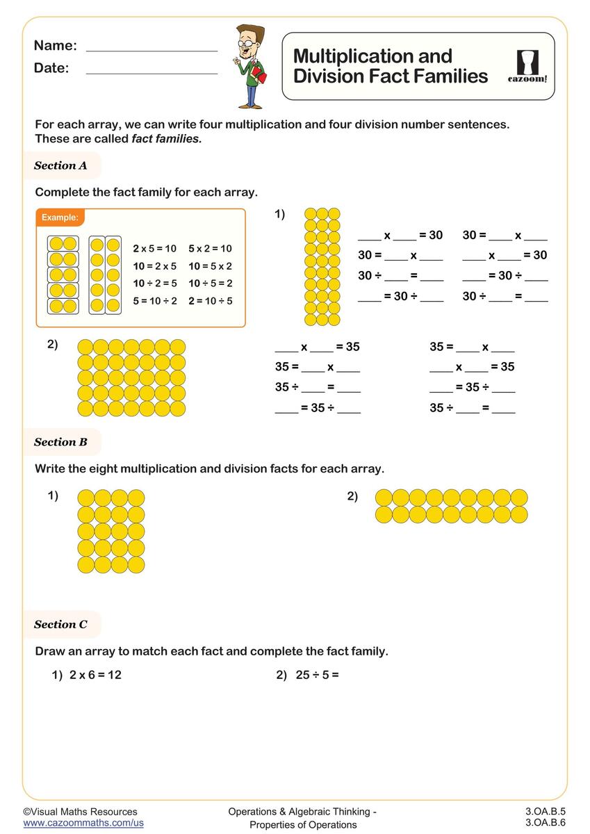 Multiplication And Division Fact Families Worksheet Fun And Engaging 3rd Grade And 3rd Grade Operations Algebraic Thinking Worksheet Cazoom Math