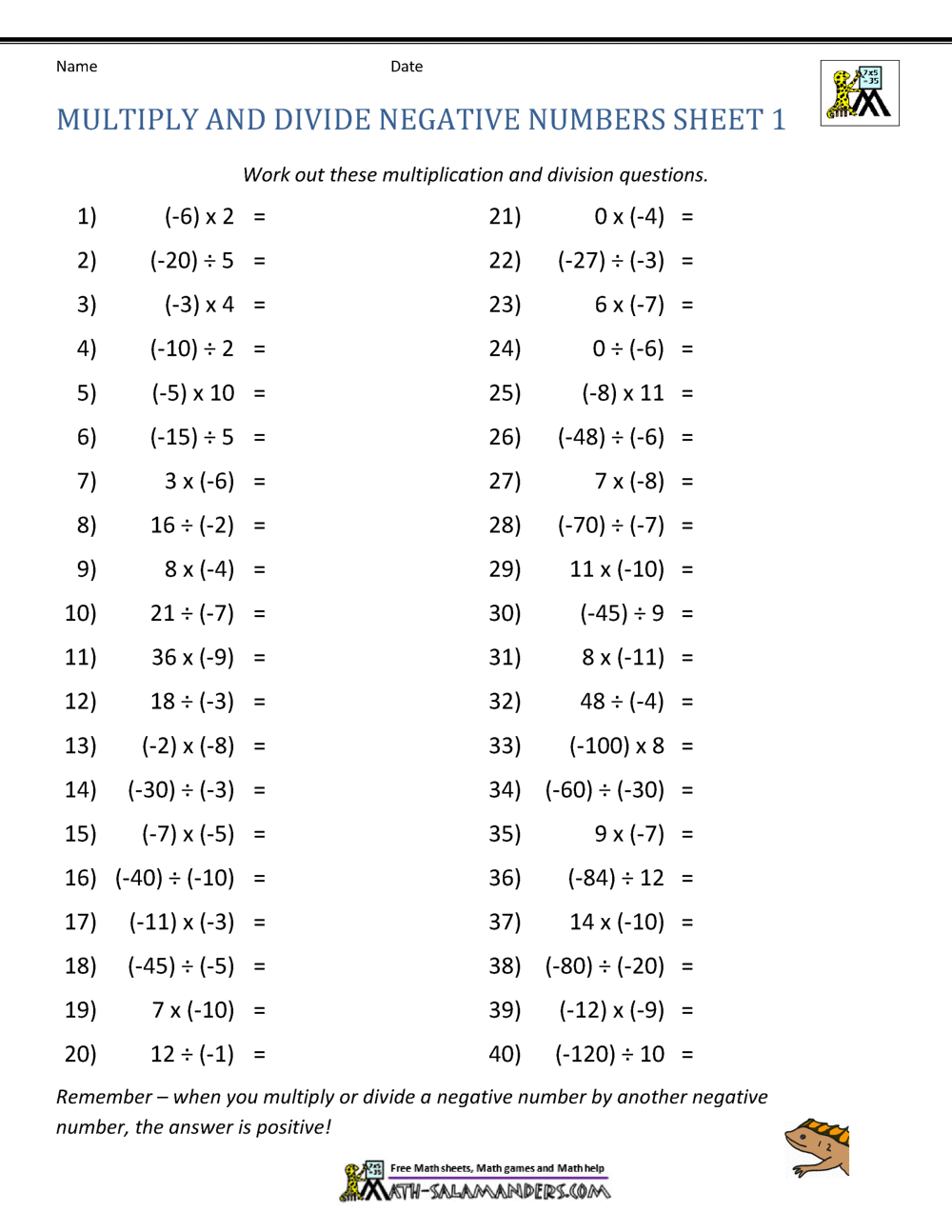Multiply And Divide Negative Numbers