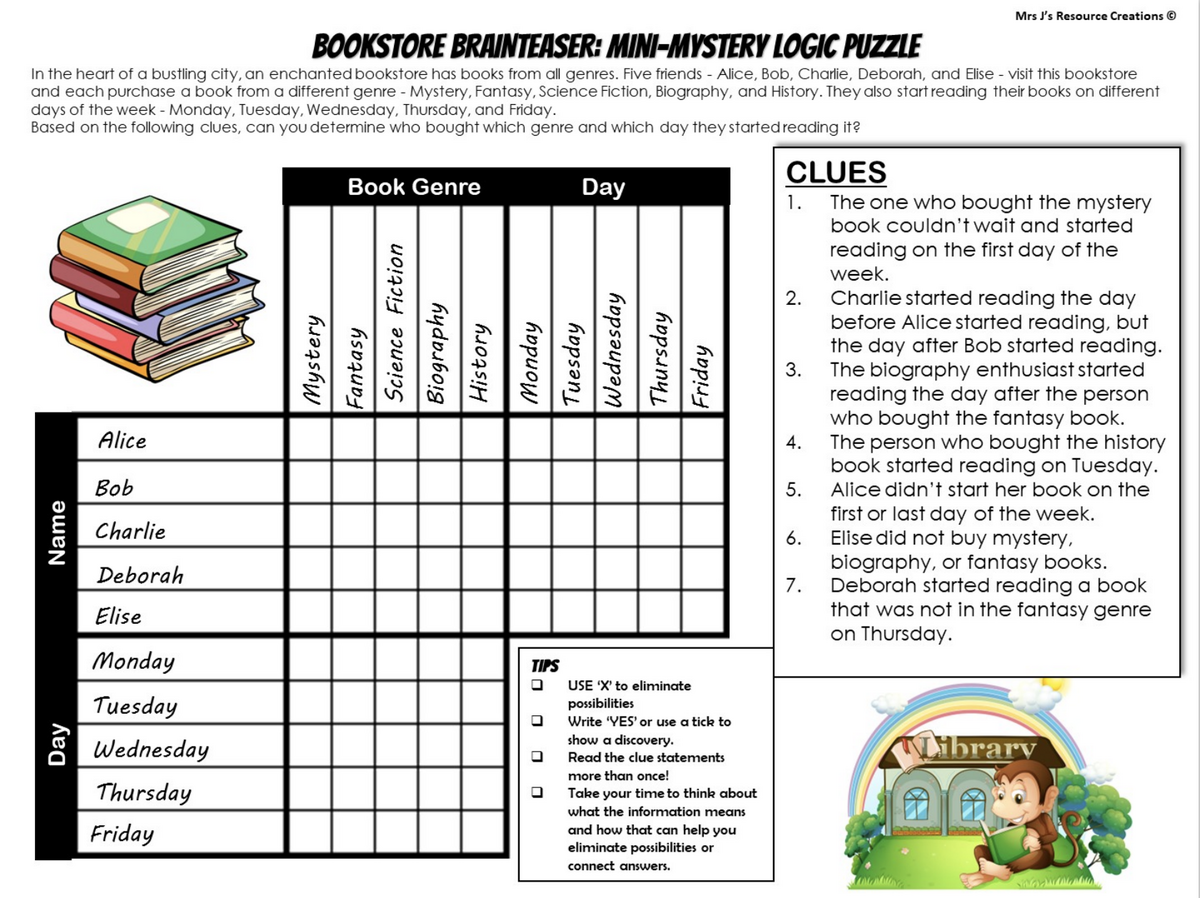Mystery Logic Puzzle Brain Teaser Worksheet Activity Free 19 Book Week Storyboard That Free Logic Puzzles For Critical Thinking