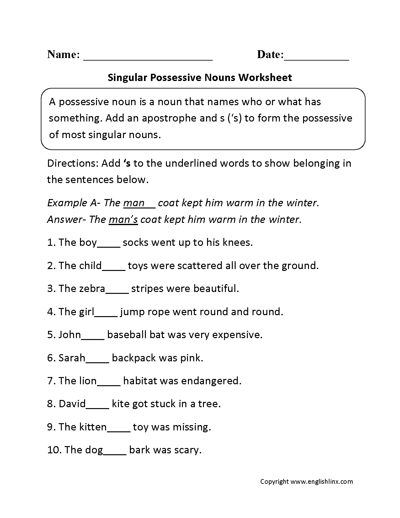 Possessive Nouns Worksheets Writing Singular Possessive Nouns Worksheets
