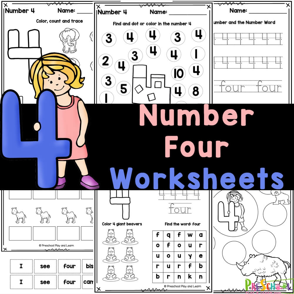 Free Preschool Number Four Learning Worksheet