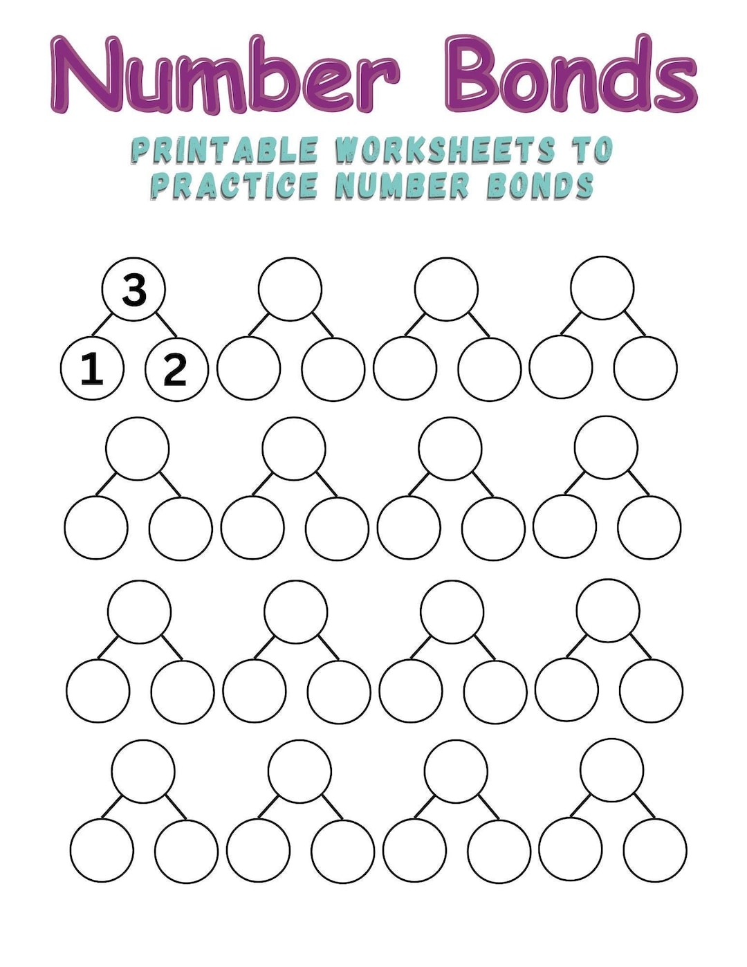 Number Bonds Blank Worksheets Kindergarten First Second Grade Math Homeschool Printable Tutor Arithmetic Common Core Instant Download Etsy