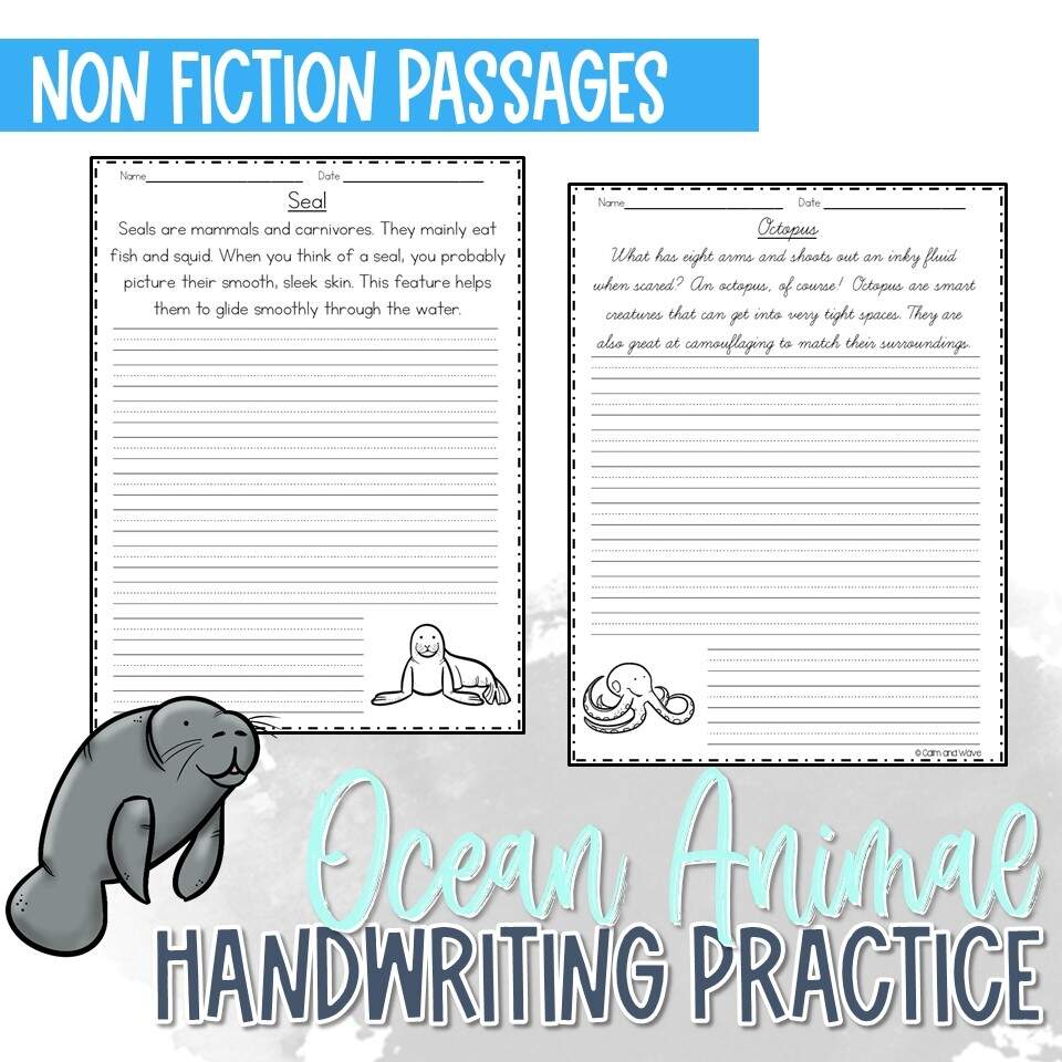 Ocean Animal Handwriting Practice Worksheet Calm Wave