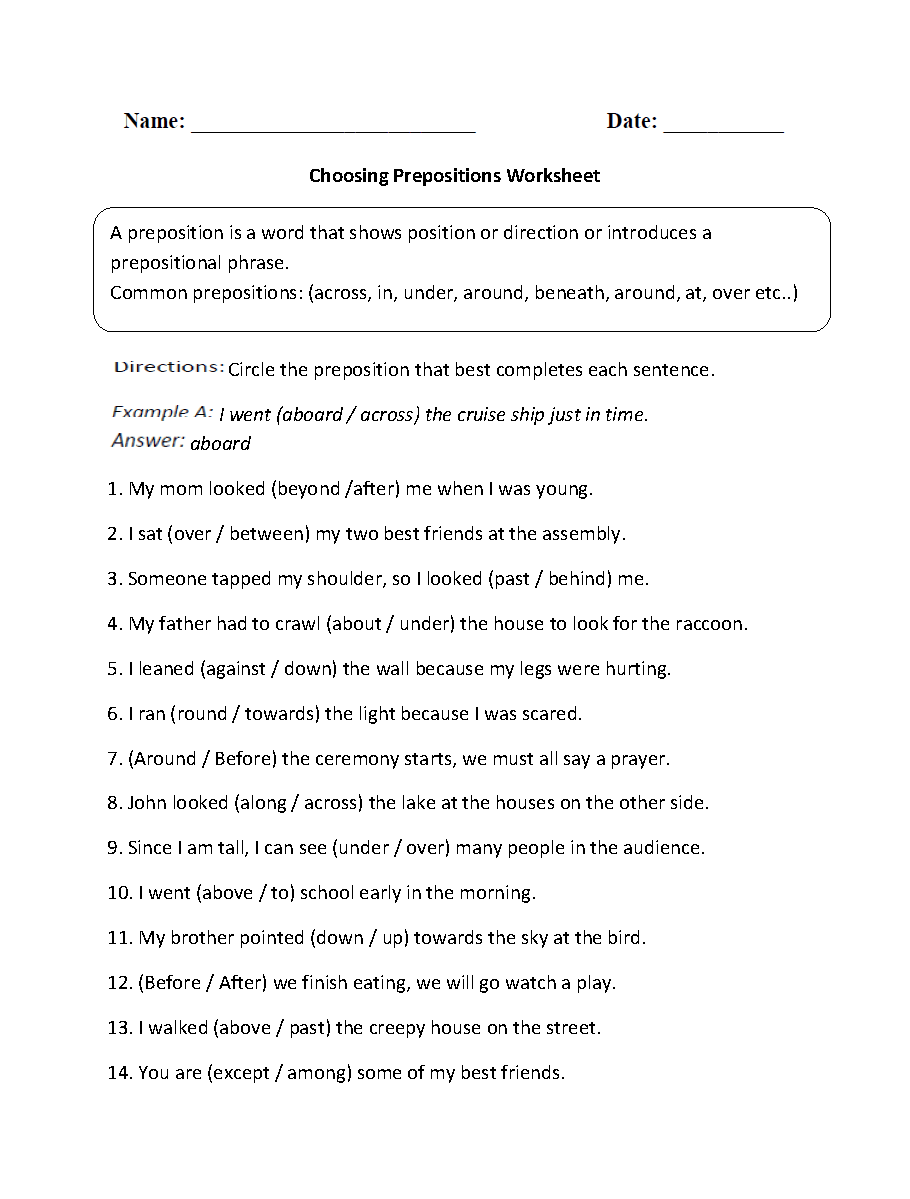 Preposition Worksheet With The Police Parts Of Speech Activity