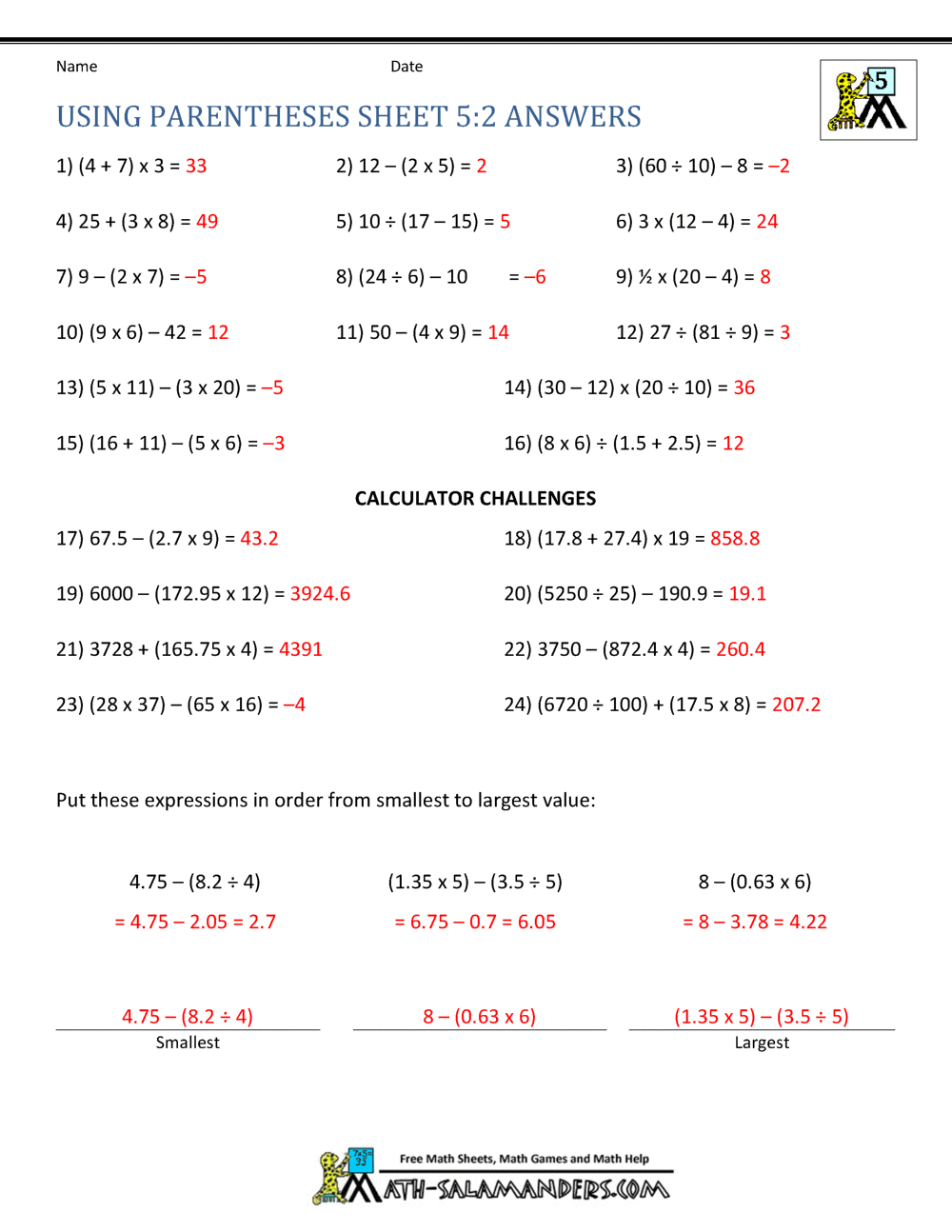 PEMDAS Problems Free Printable 5th Grade Common Core Math Worksheets Appletastic Learning