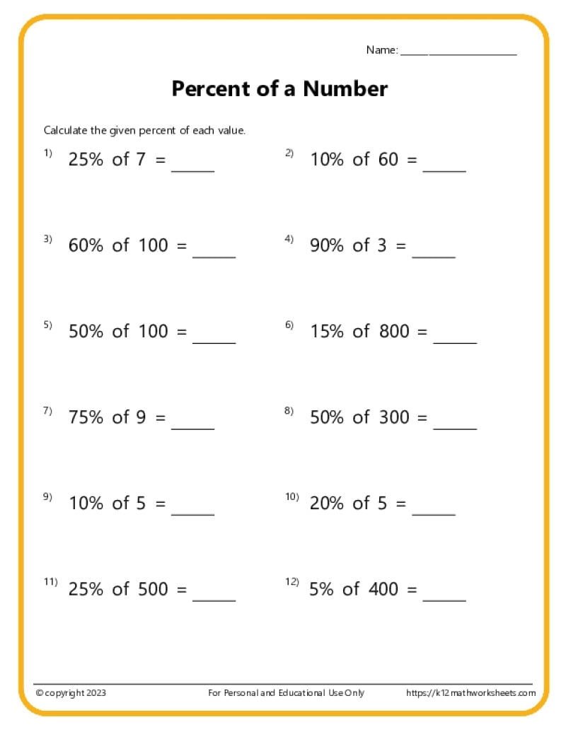 Money Percentage Worksheets