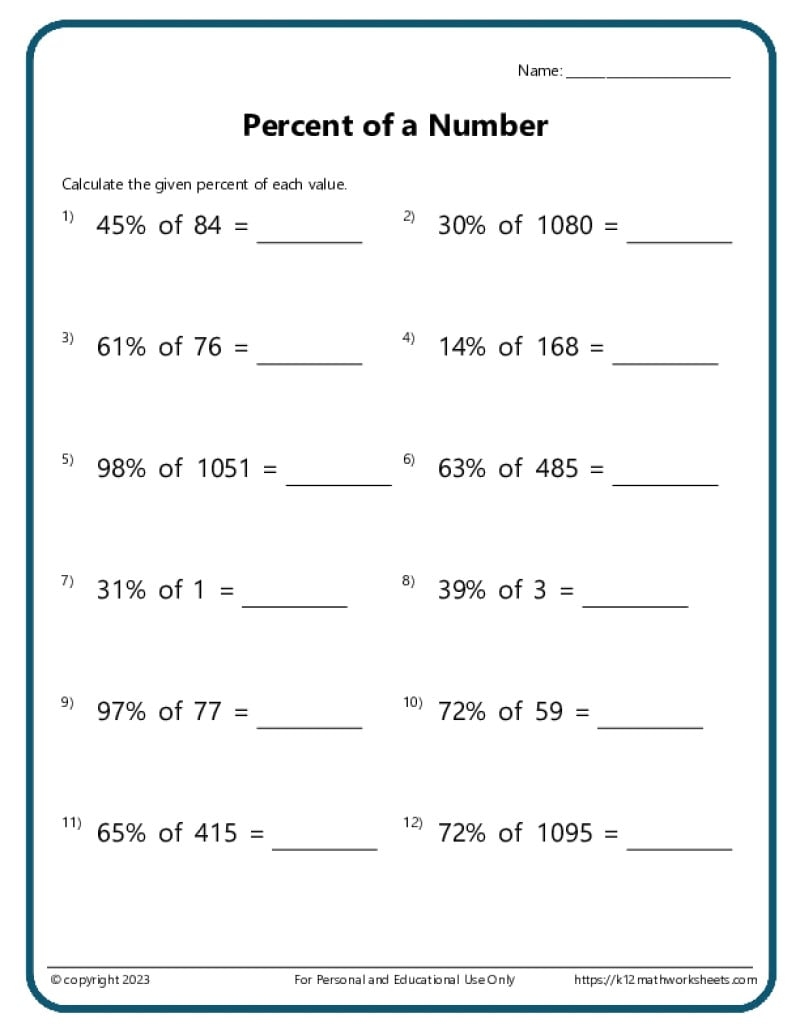 Percentages Worksheets
