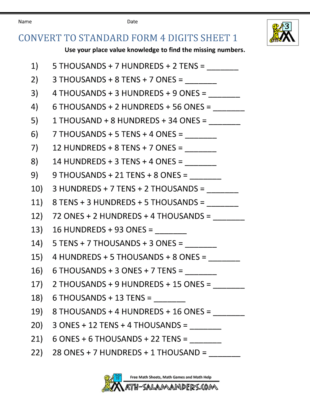 Place Value 4 Digit Numbers Place Value 4 Digit Numbers