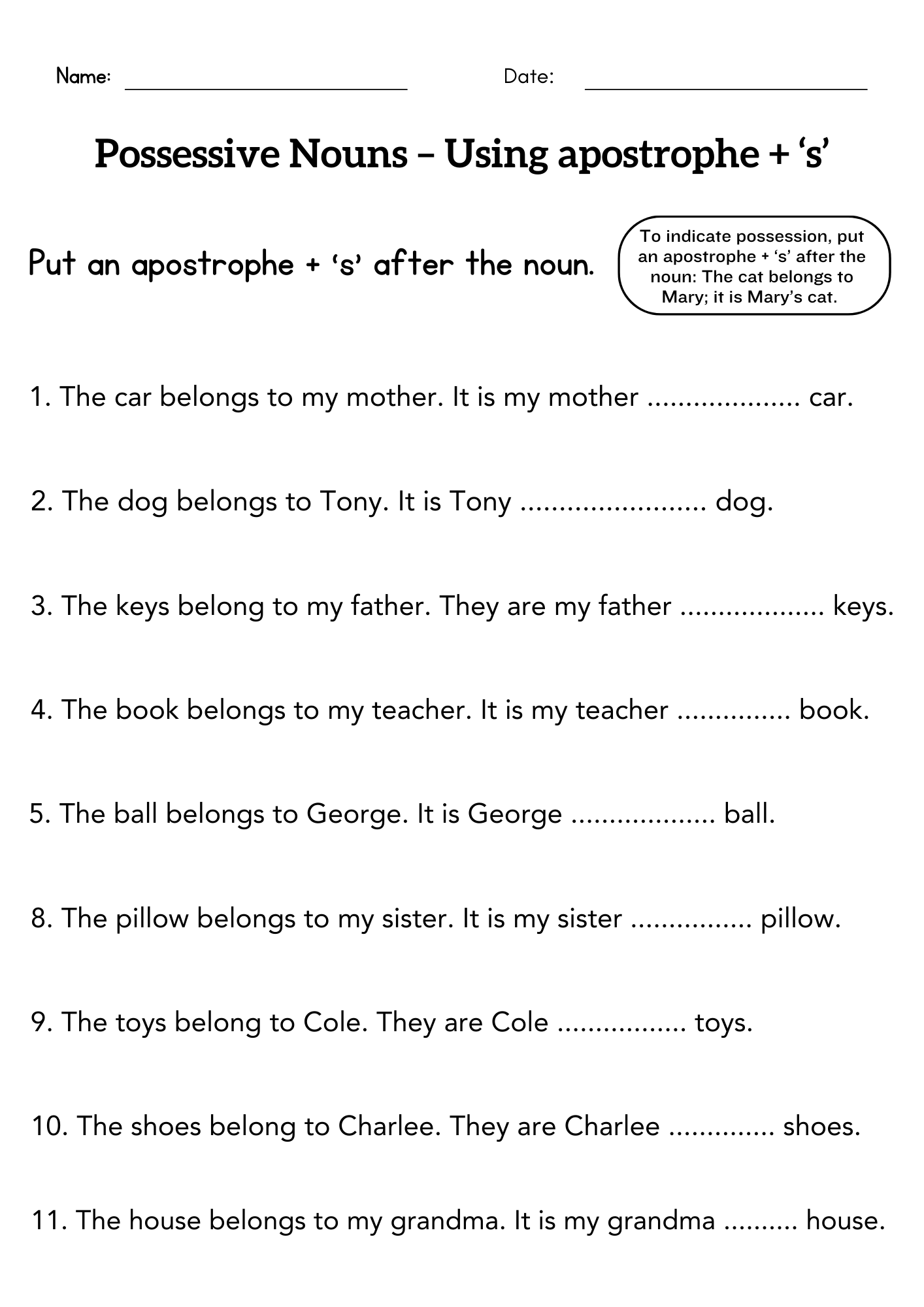 Possession Words Worksheet For Grade 1 Or 2 Possessive Apostrophe Activity Made By Teachers
