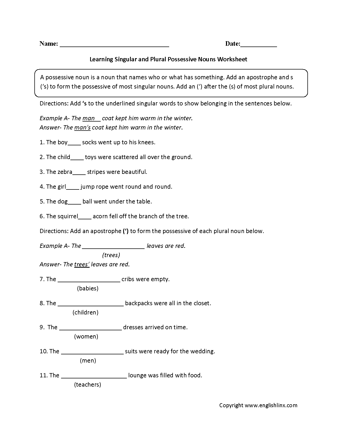 Possessive Nouns Worksheets Learning Singular And Plural Possessive Nouns Worksheets