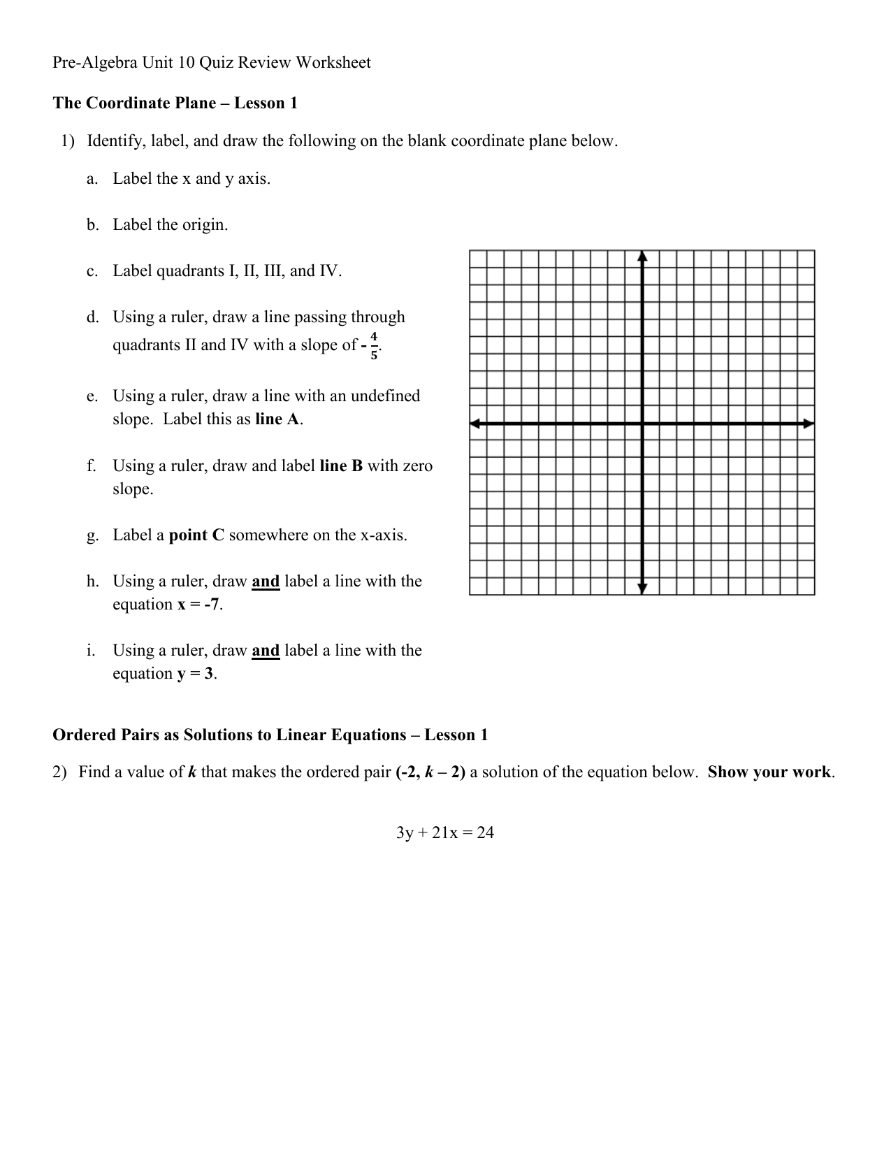 Pre Algebra Coordinate Plane Linear Equations Worksheet