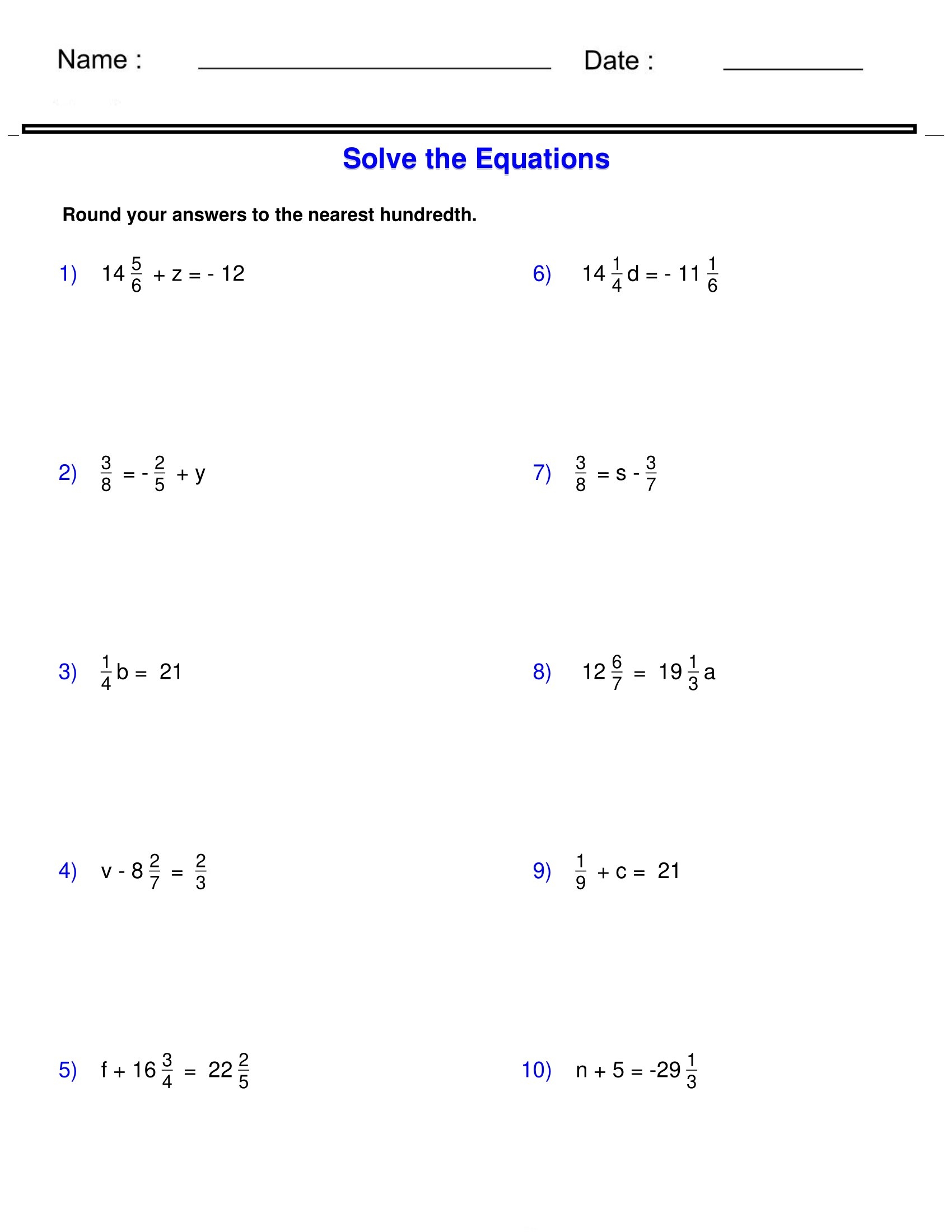 Printable One Variable Equations Worksheets