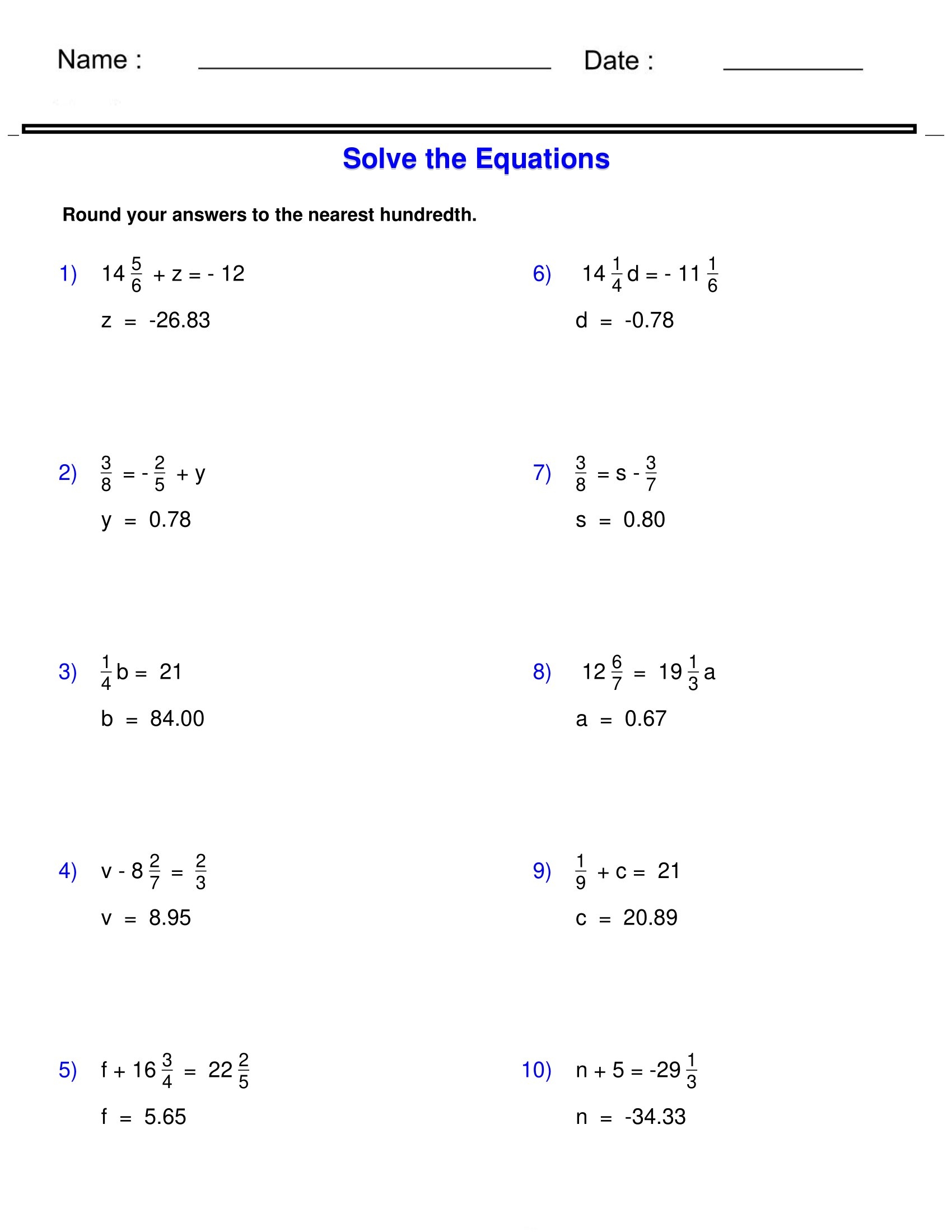 Pre Algebra Equations One Step Equations Containing Fractions Worksheets Made By Teachers Solving Equations With Fractions Worksheet Pin On Printable Blank Worksheets Library