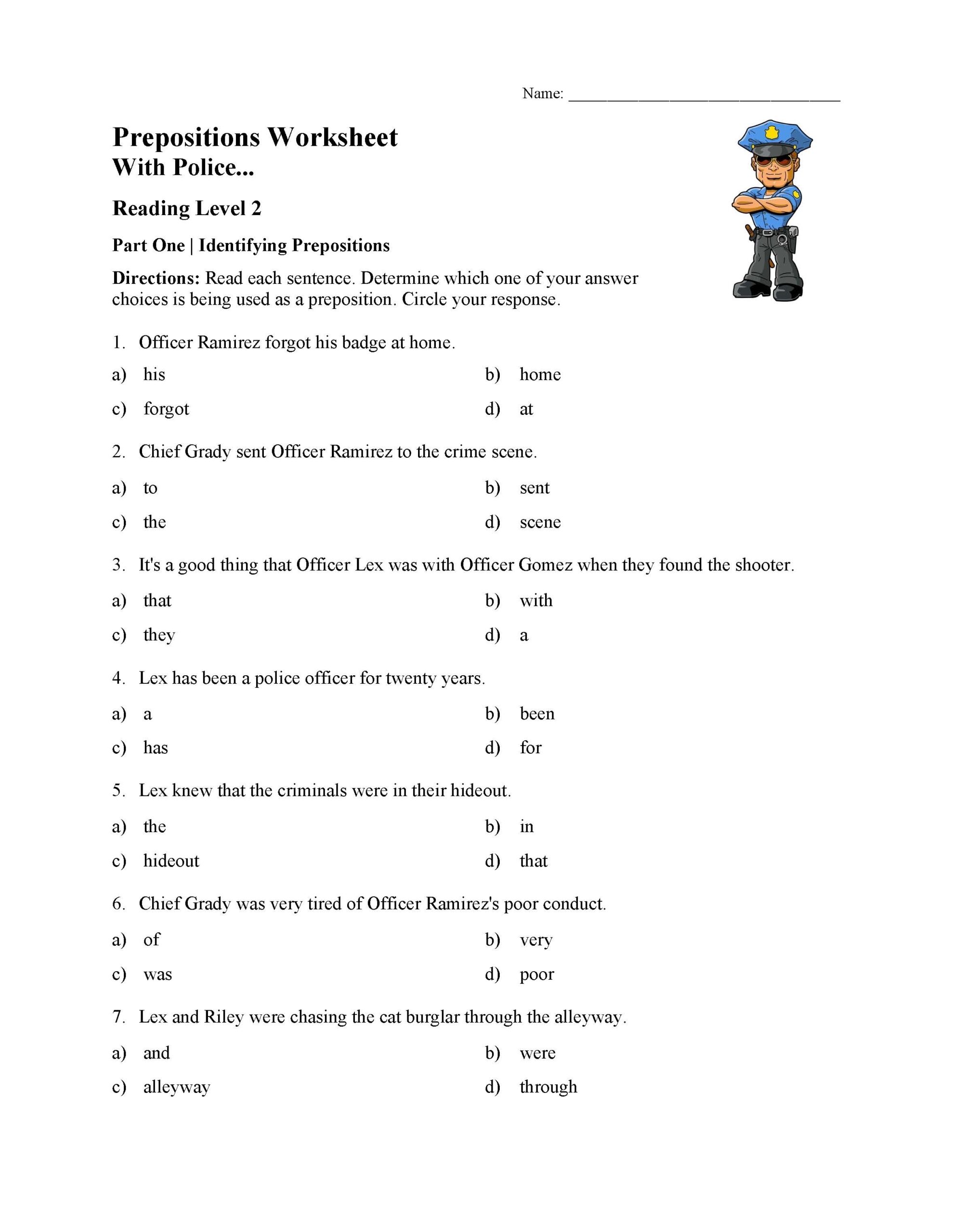 Preposition Worksheet With The Police Parts Of Speech Activity