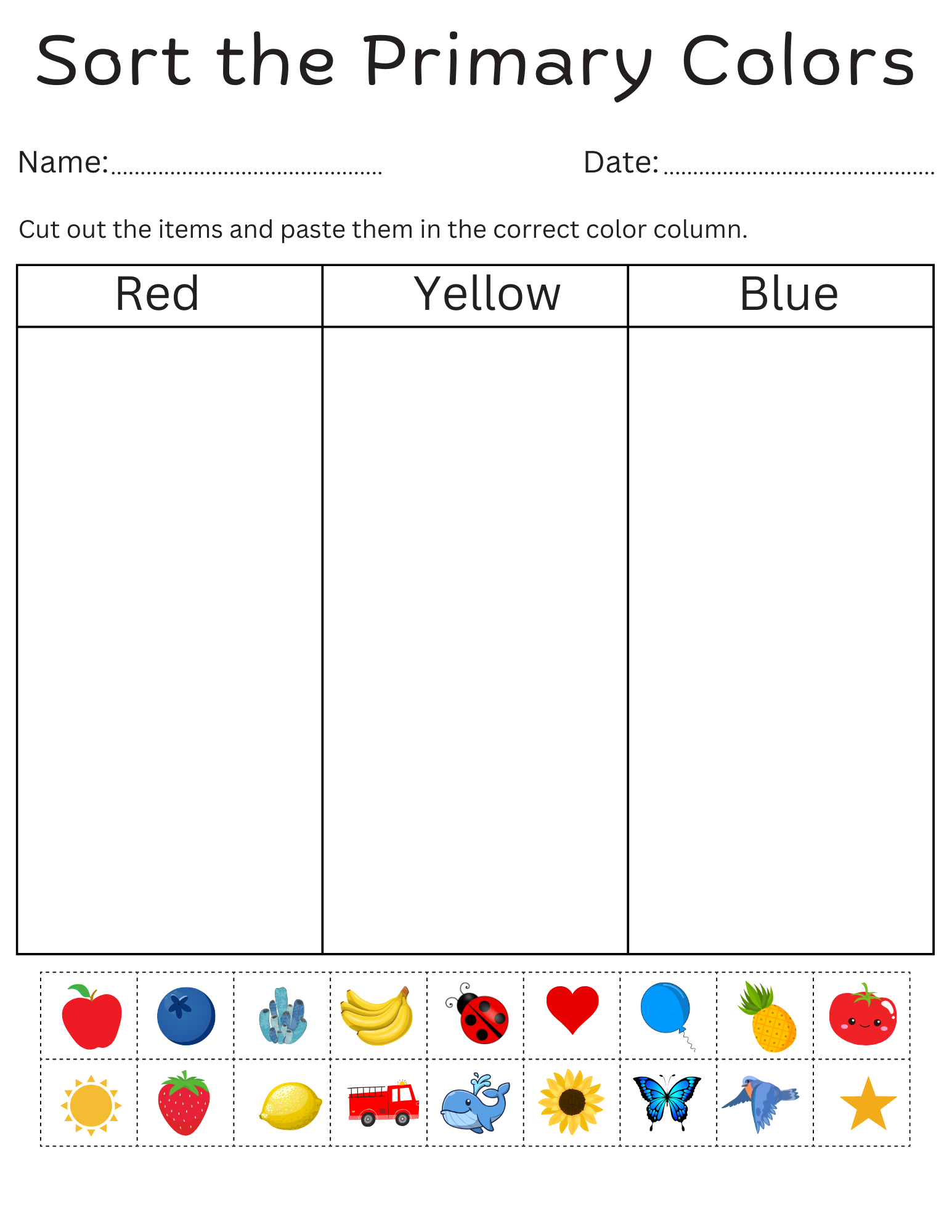 Primary Colors Printable Color Sorting Worksheet Toddler Color Sorting Printa Teaching Resources