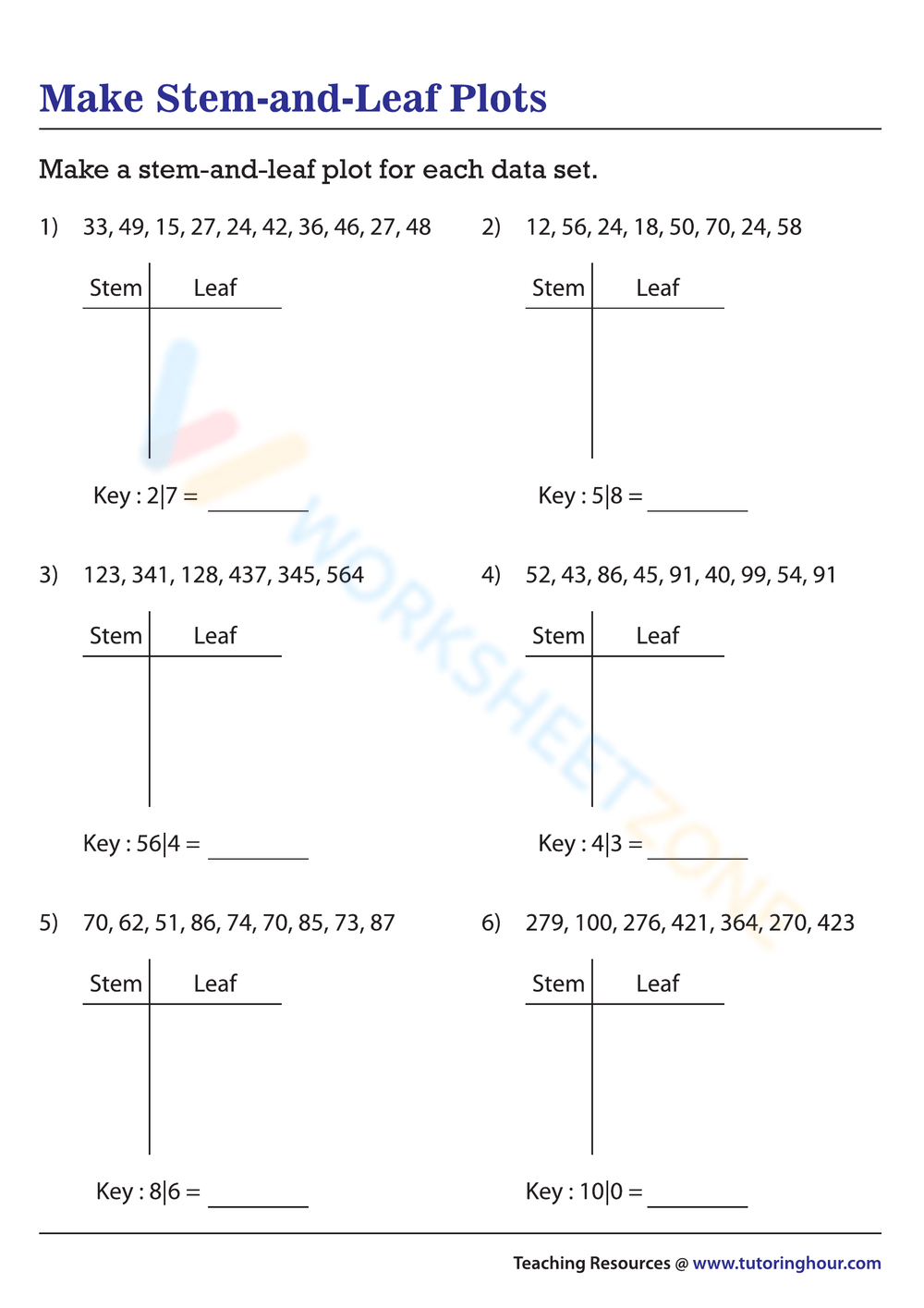 Printable 5th Grade Stem And Leaf Plot Worksheets