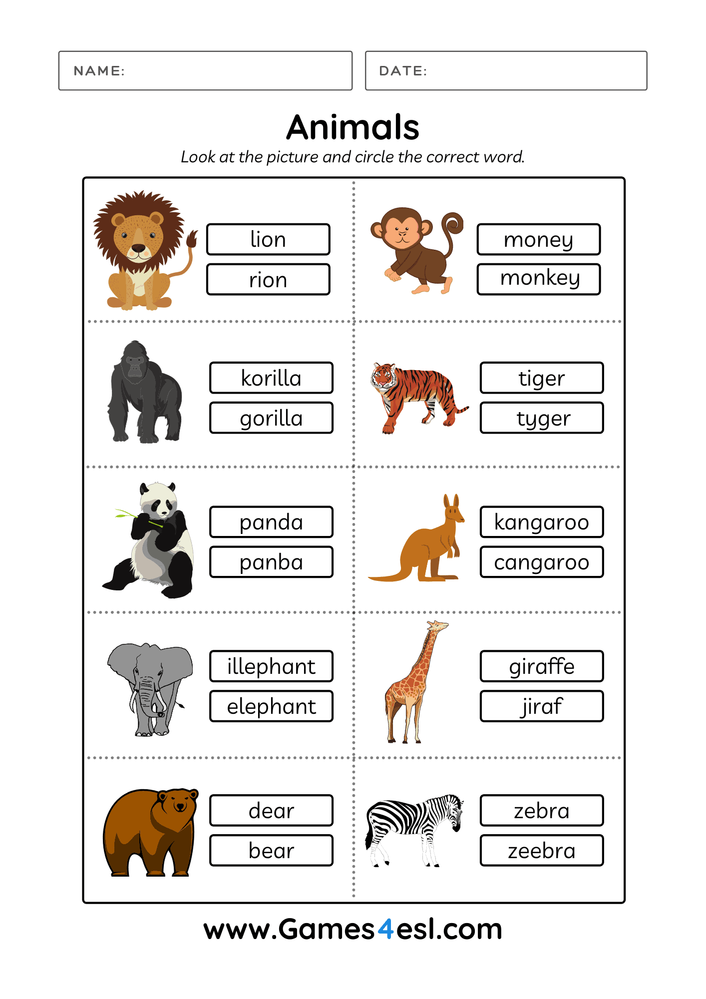 Printable Animal Worksheets For Kids And ESL Learners Games4esl Free Custom Printable Animal Worksheet Templates Canva