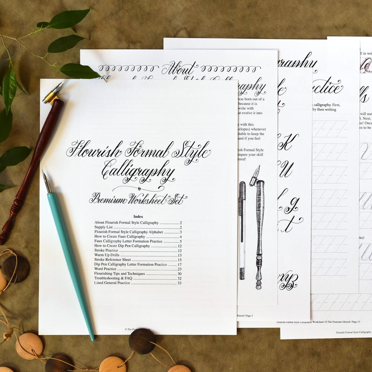Printable Calligraphy Worksheet Set Flourish Formal Style The Postman S Knock