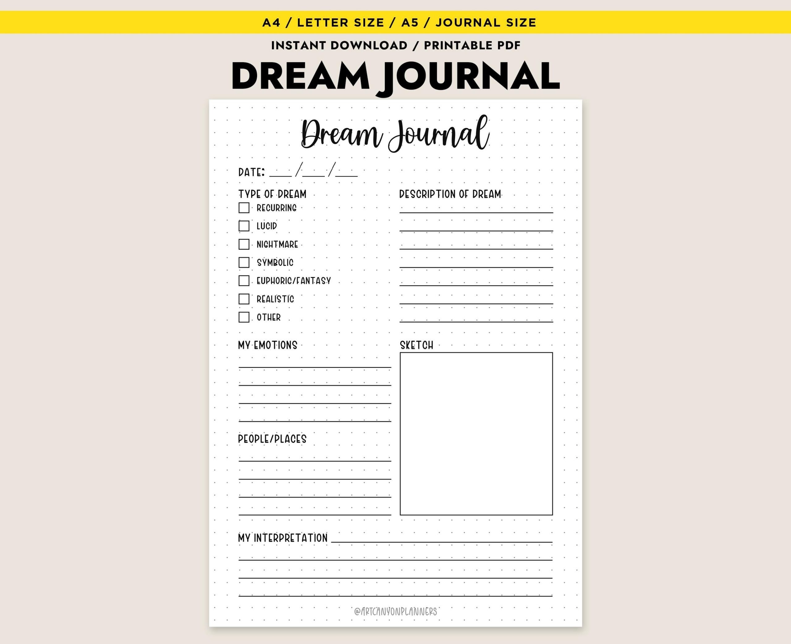 Printable Dream Journal Page Log Template PDF Instant Download Sleep Diary Analysis A4 Letter A5 Etsy Dream Journal Digital Download Dream Journal Printable Pages Printable Dream Journal Worksheet Self Reflection Worksheet PDF Dream PDF Etsy