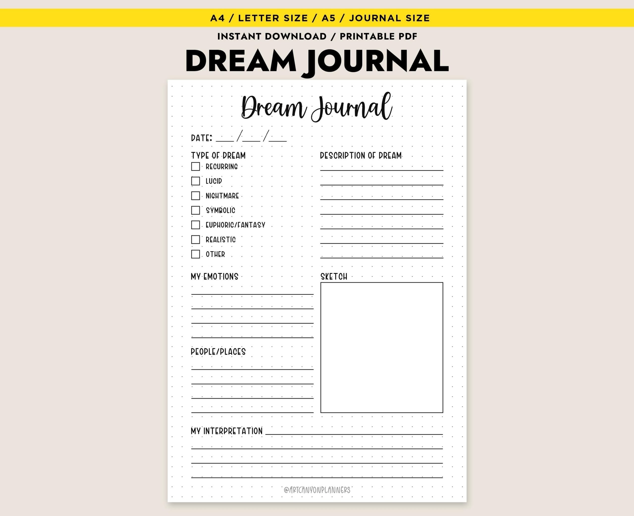 Printable Dream Journal Page Log Template PDF Instant Download Sleep Diary Analysis A4 Letter A5 Etsy