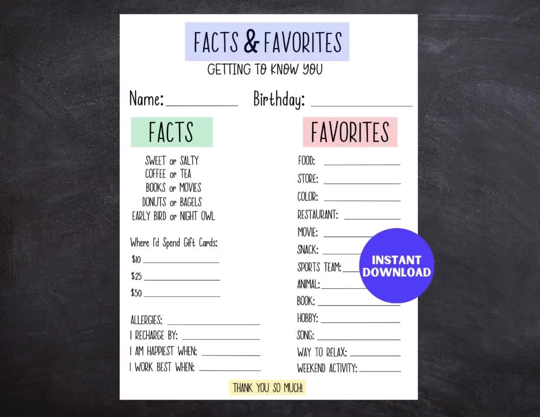 Printable Get To Know You Questionnaire All About Me Form For Employees And Teachers And Teams Favorites List Gift Exchange Form Etsy Israel