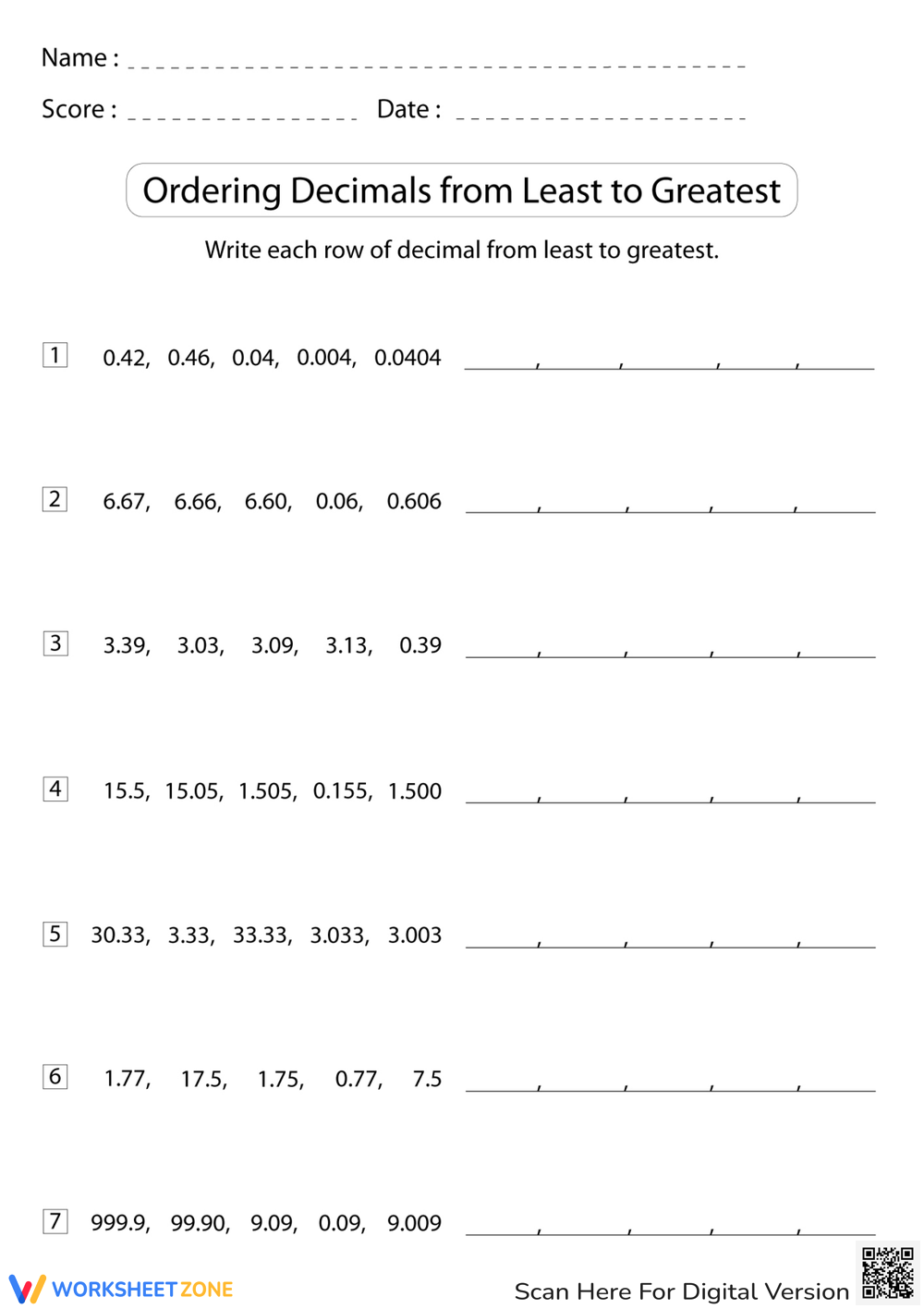 Printable Ordering Decimals Worksheets Printable Ordering Decimals Worksheets