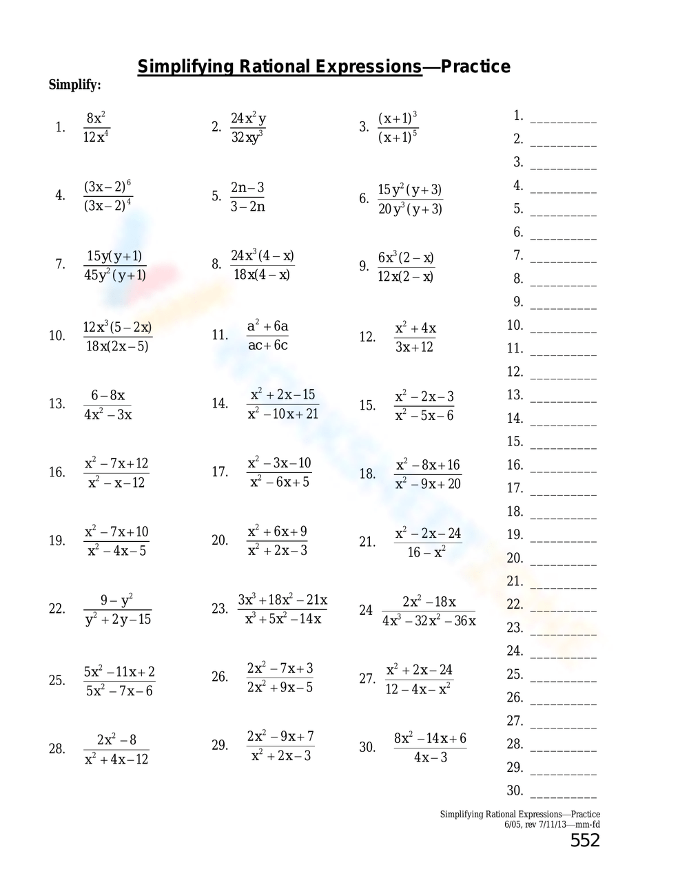 Printable Simplifying Rational Expressions Worksheets Printable Simplifying Rational Expressions Worksheets
