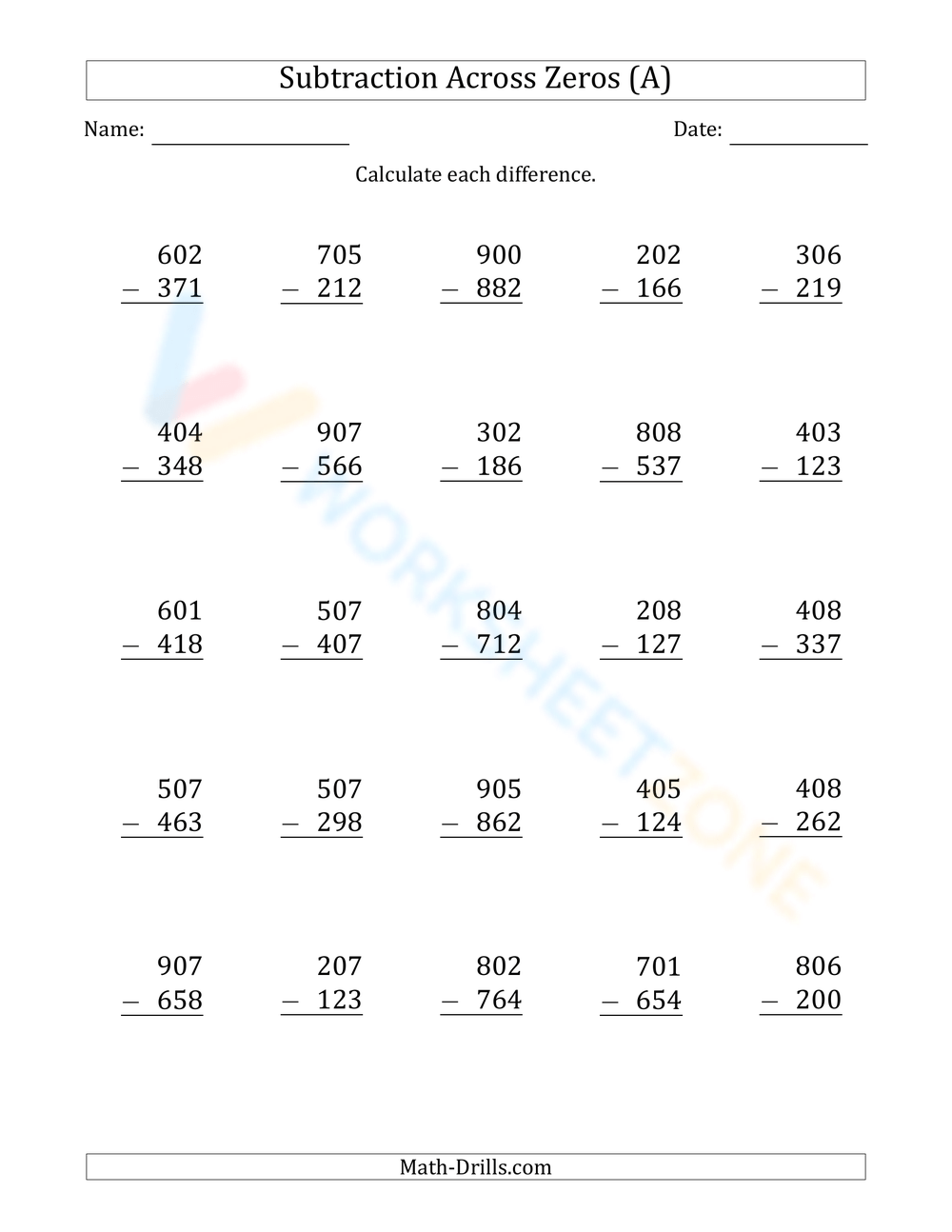 Printable Subtraction Across Zeros Worksheets Printable Subtraction Across Zeros Worksheets