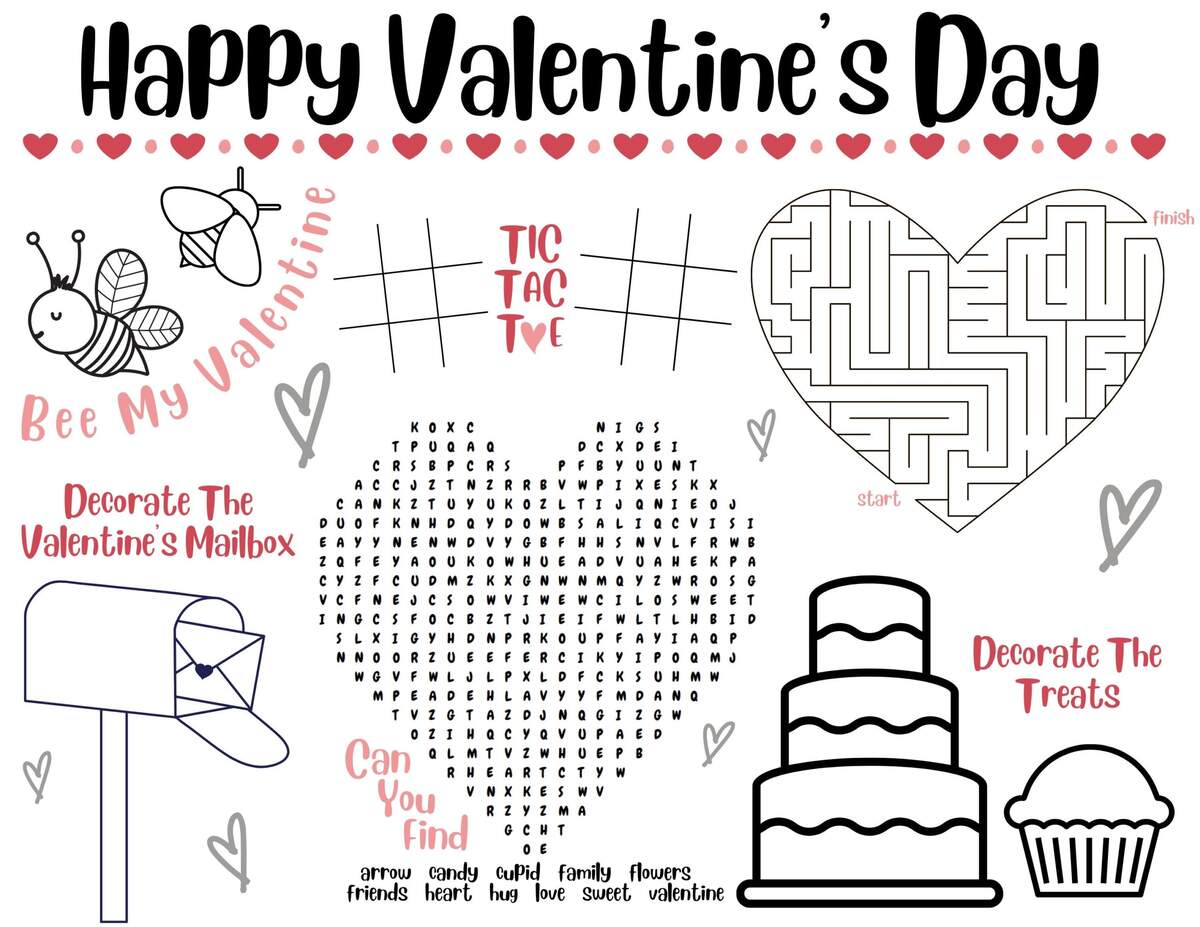 Printable Valentine Activity Sheet Valentine Placemats Kids Activity Digital Download Valentines Activity For Kids Valentines Worksheets Etsy