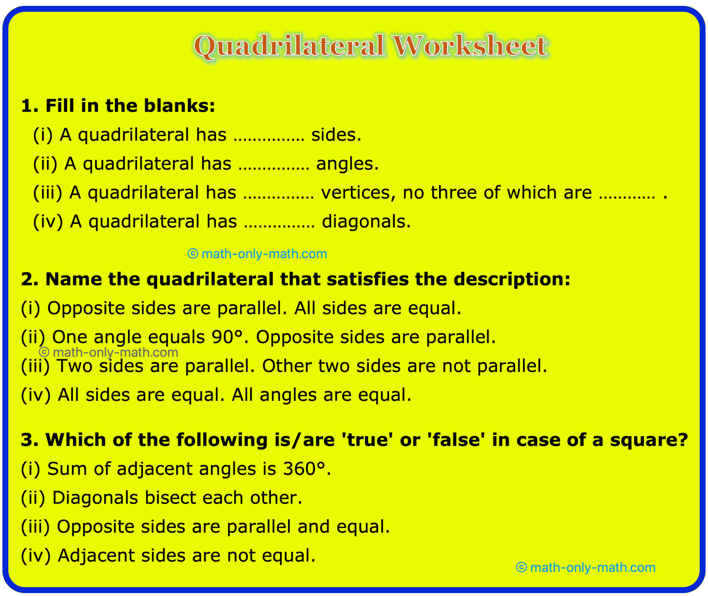 Quadrilateral Worksheet Different Types Of Questions In Quadrilateral