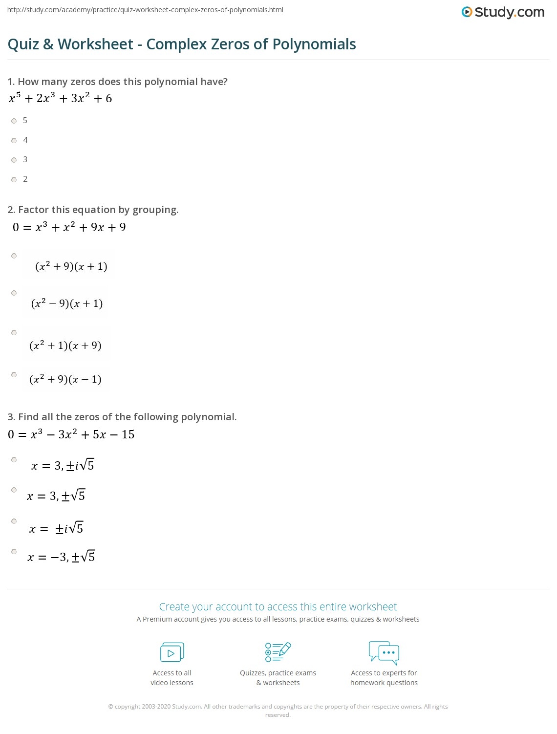 Quiz Worksheet Complex Zeros Of Polynomials Study Quiz Worksheet Complex Zeros Of Polynomials Study