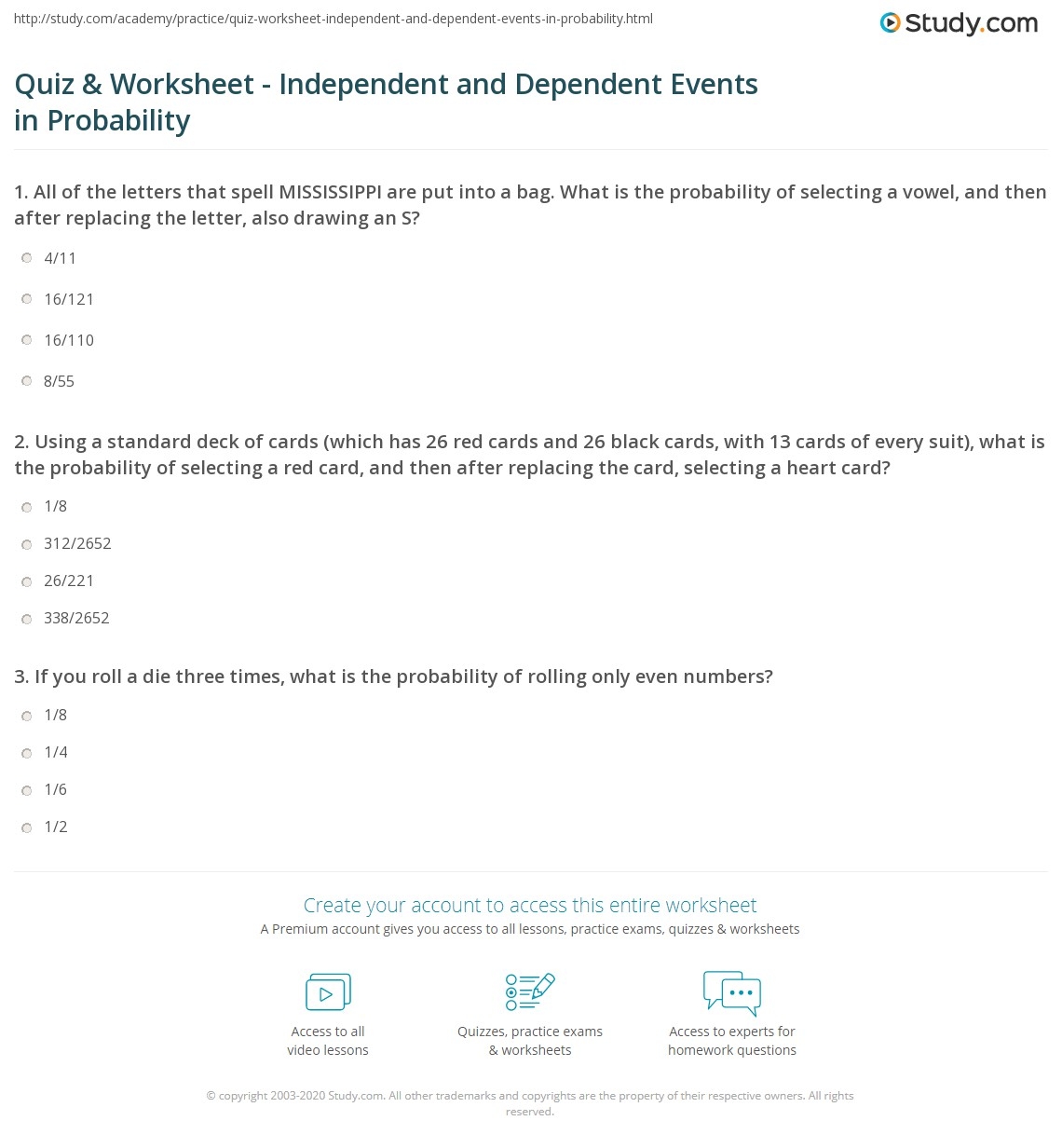Quiz Worksheet Independent And Dependent Events In Probability Study Quiz Worksheet Independent And Dependent Events In Probability Study
