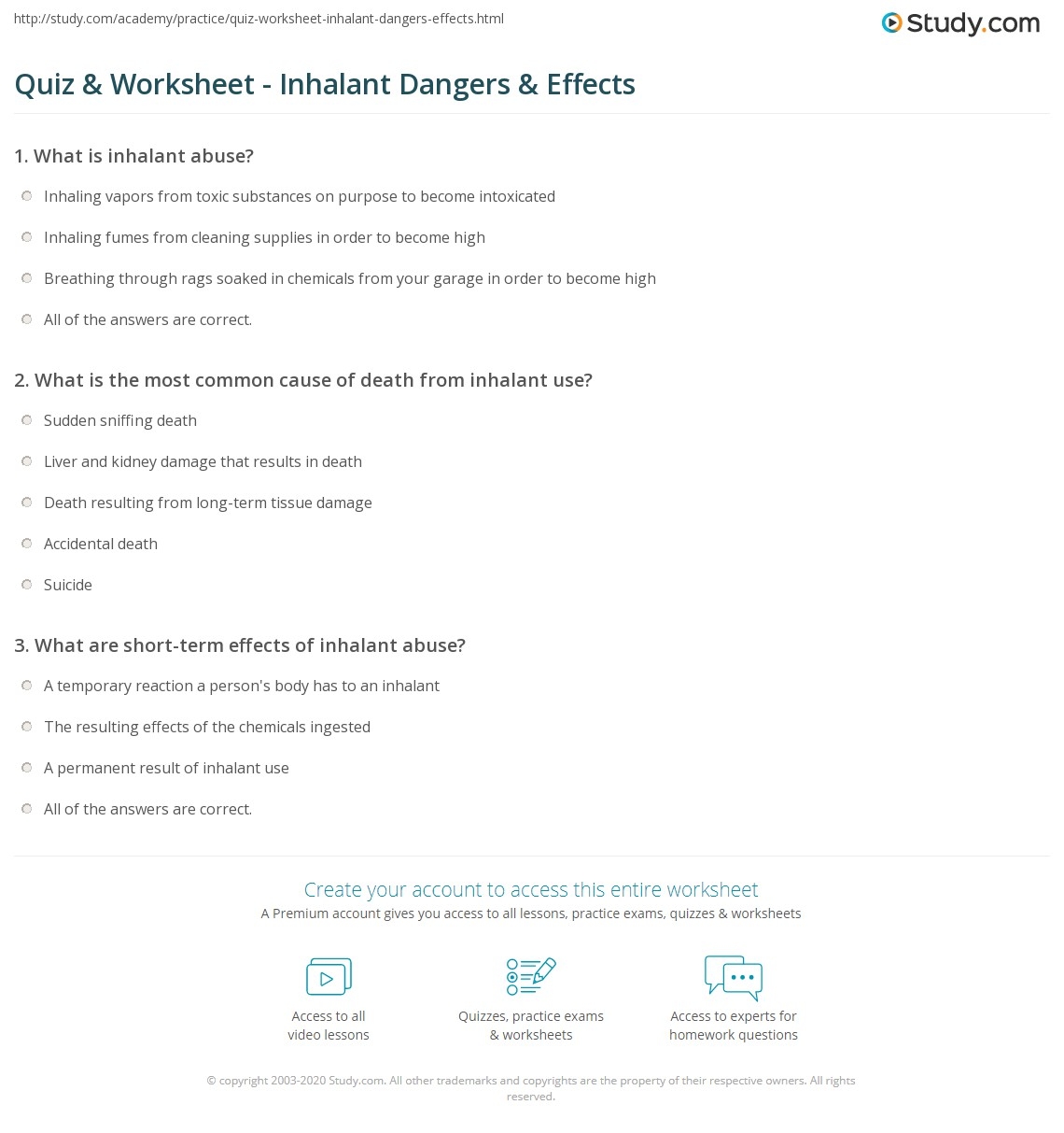 Quiz Worksheet Inhalant Dangers Effects Study