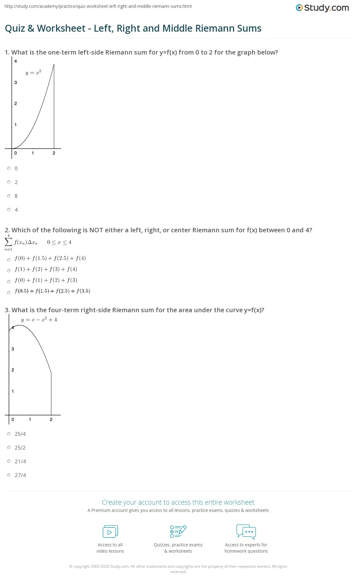 Quiz Worksheet Left Right And Middle Riemann Sums Study Riemann Sums Worksheet For Approximating Areas Calculus Studocu