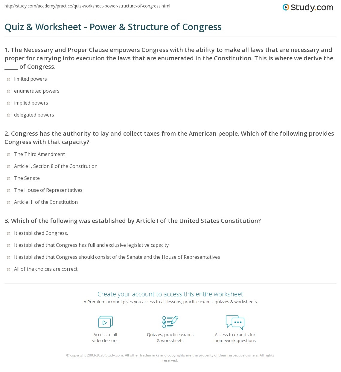 Quiz Worksheet Power Structure Of Congress Study