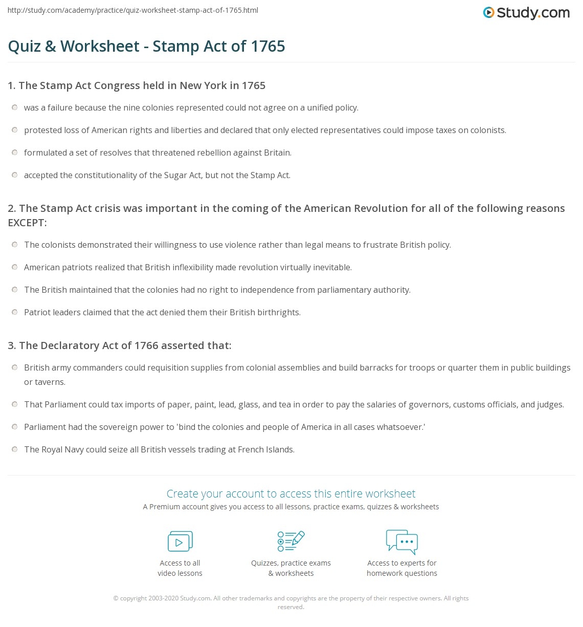 Quiz Worksheet Stamp Act Of 1765 Study