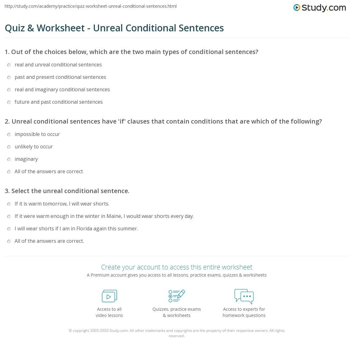 Quiz Worksheet Unreal Conditional Sentences Study