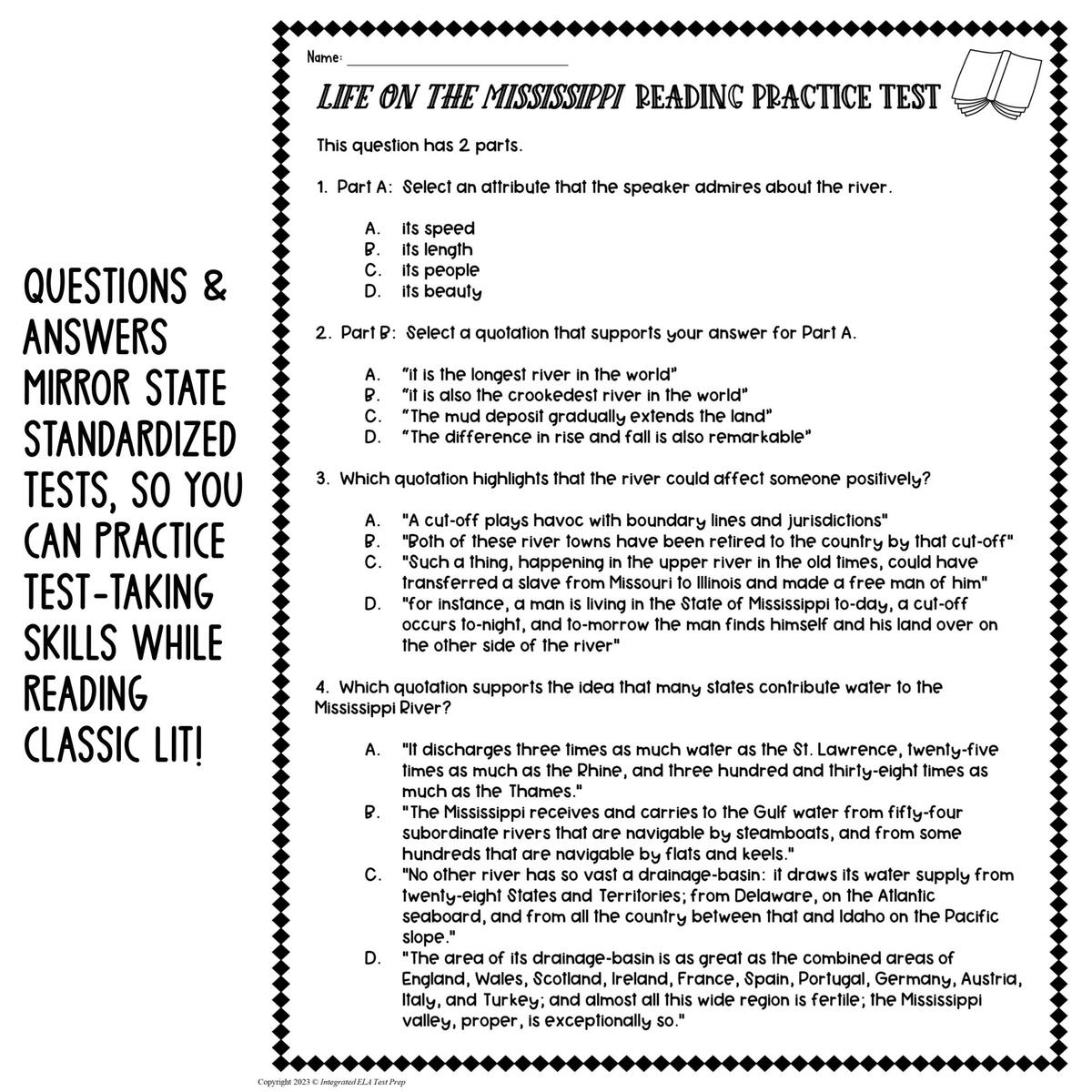 Reading Test Prep PRACTICE TEST Standardized Test Practice Mark Twain Made By Teachers