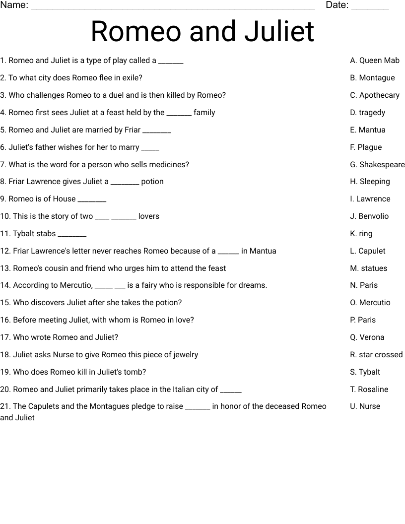 Romeo And Juliet Word Search