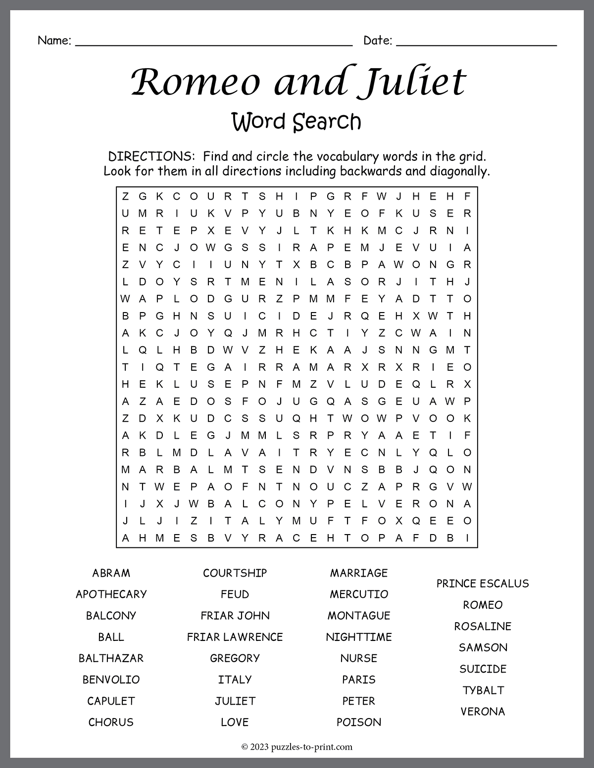 Romeo And Juliet Word Search